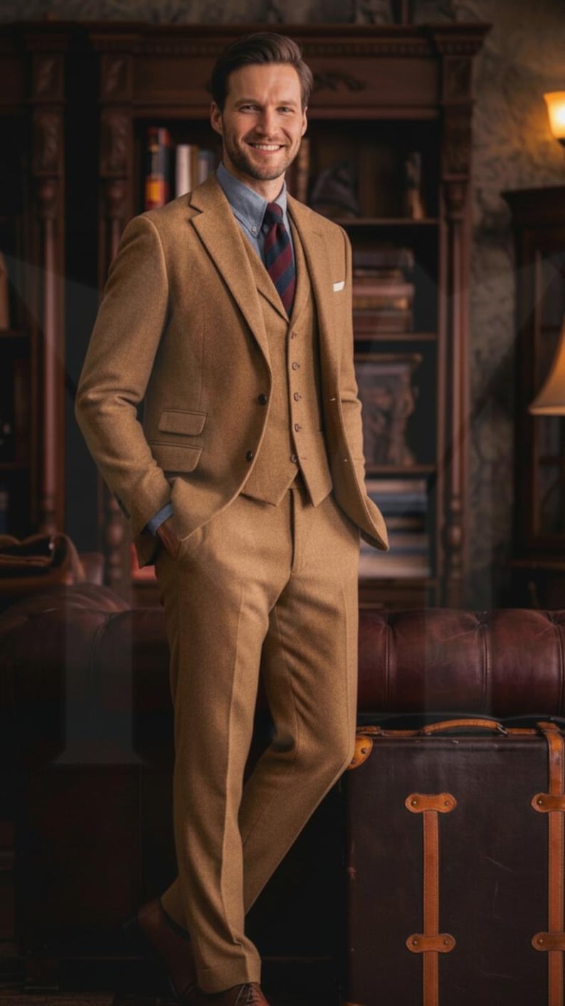 Tailored Brown Tweed Suit: Men's 3-Piece Wedding Groom Wear image 6