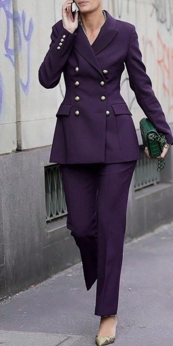 Women's Purple Tweed Suit: Double Breasted Slim Fit 3-piece UK