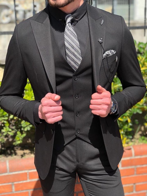 Menista Tailored Black Three Piece Suit, Wedding Groom Groomsmen