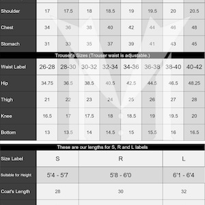 May include: A size chart for jackets and trousers, with measurements in inches. The chart includes sizes for US letter size, shoulder, chest, stomach, waist label, hip, thigh, knee, and bottom. It also includes sizes for coats, sleeves, pant's outseam, and inseam length.