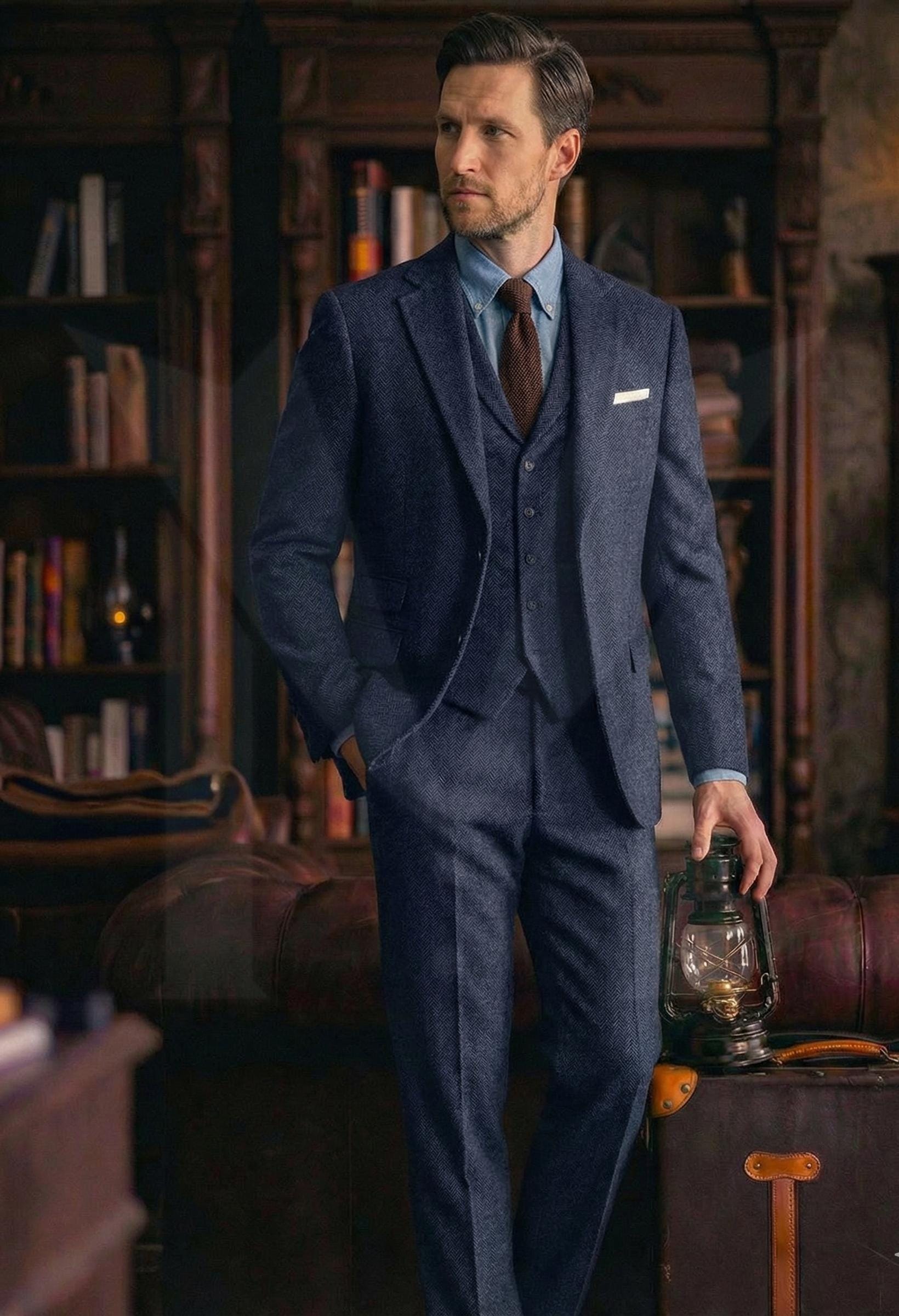Menista Custom Brown Tweed Wool Suit: Three Piece Groom/groomsmen