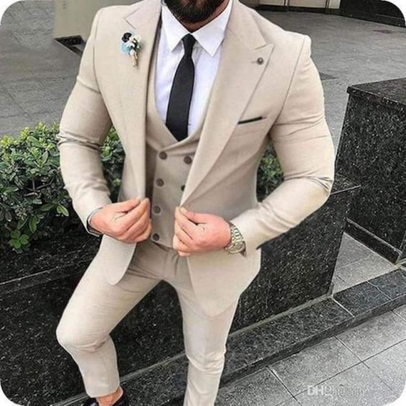 3 Pieces Mens Suit Design Slim Fit Peak Lapel Tuxedos (Blazer+vest+Pants) |  ceehuteey