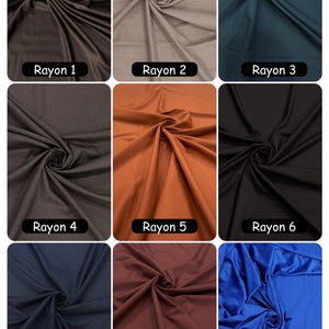 May include: Nine swatches of rayon fabric in shades of brown, beige, teal, dark brown, orange, black, navy, burgundy, and blue. Each swatch is labelled with "Rayon" and a number.