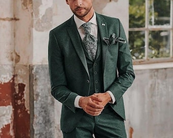 1920年代のメンズレトログリーンウールスーツ。ツイードウール3ピース