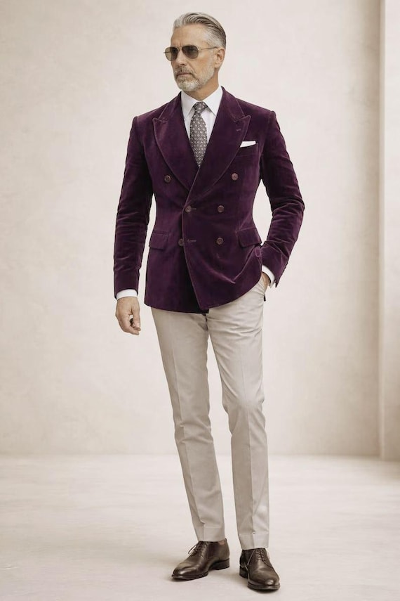 Men's Deep Plum Velvet Double Breasted Suit Jacket | Luxury Aubergine Blazer Formal Wear