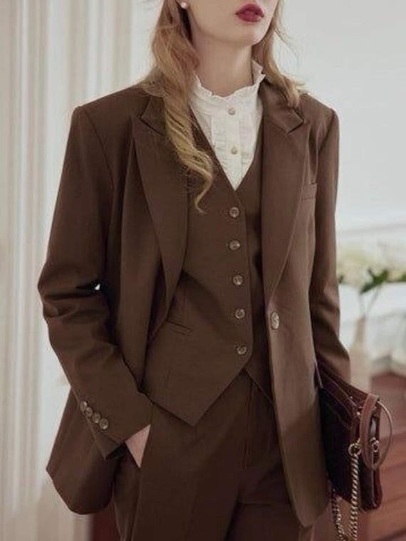 brown suit dress women Brown Double Breasted Blazer Pants Suit Brown / XS main image 1