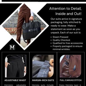May include: Promotional image for Menista suits. The image features text that reads "WHY SHOP FROM MENISTA?" and "Attention to Detail, Inside and Out!" with details about the suits. The image also shows a person holding a suit bag.