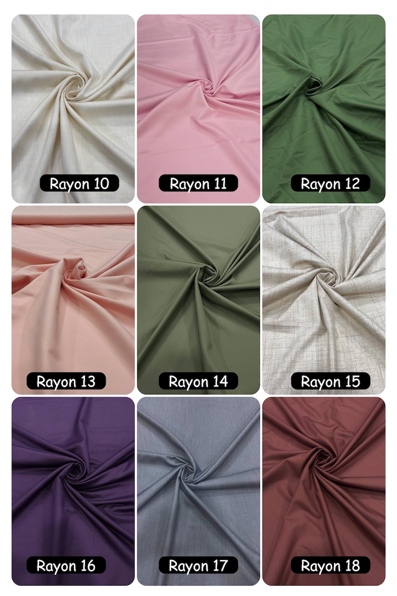 May include: Nine fabric swatches in a range of colours, including cream, pink, olive green, peach, dark green, tan, purple, grey, and burgundy. Each swatch is labelled with "Rayon" and a number. The fabric appears to be soft and flowing.