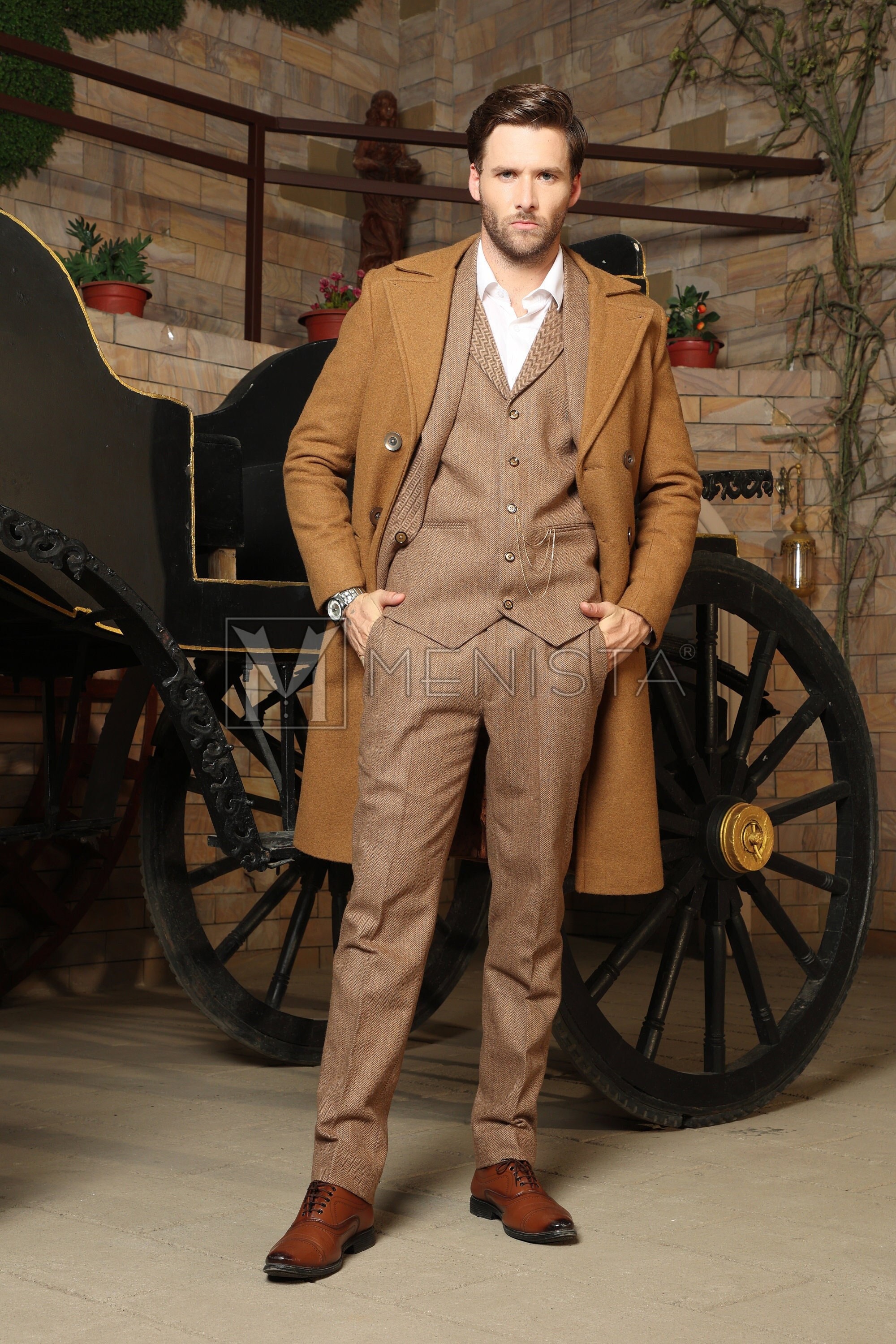 Menista Custom Tweed Wool Suit: Vintage Brown Three Piece Groom Wear