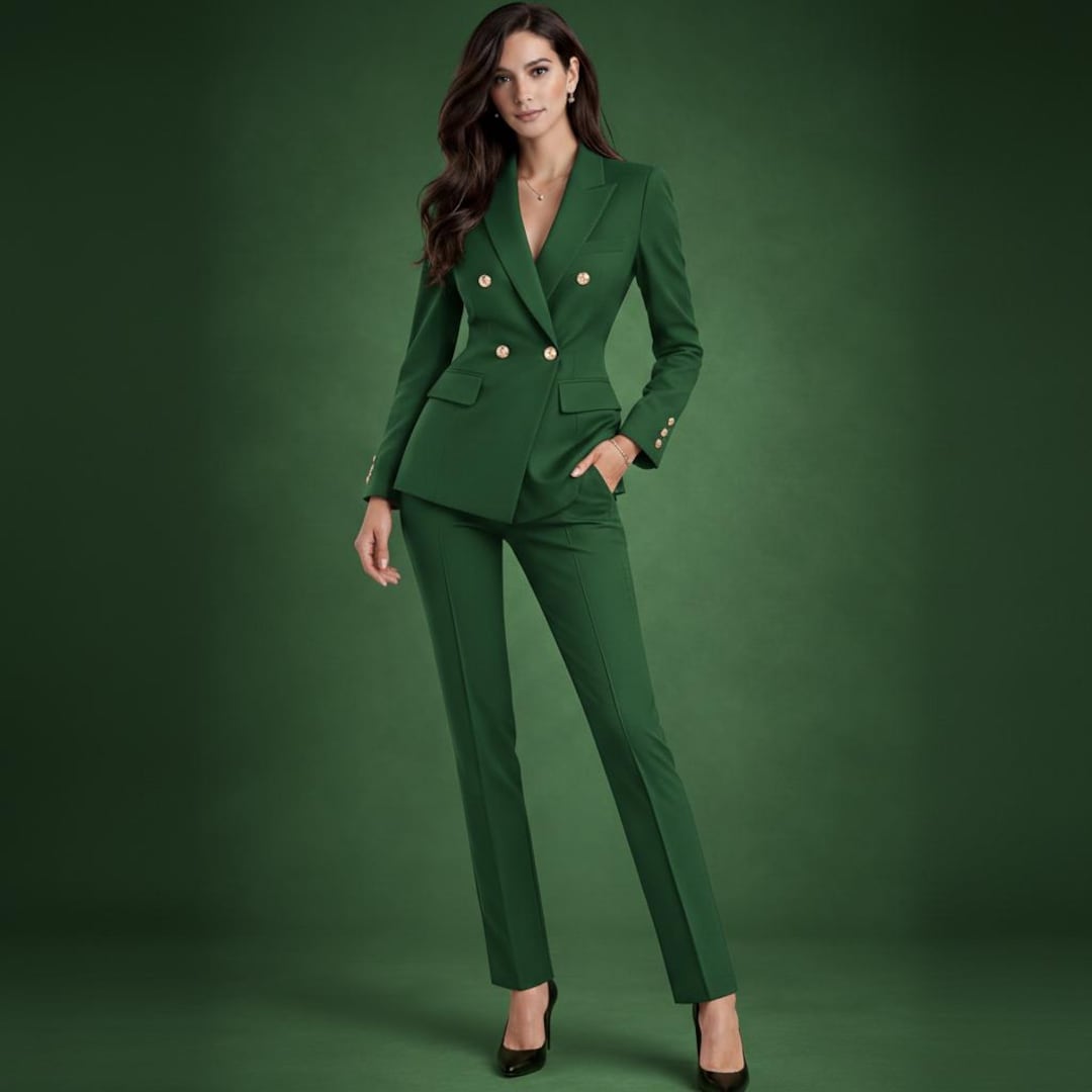 Emerald Green Two Piece Women's Suit Set, Double Breasted Blazer