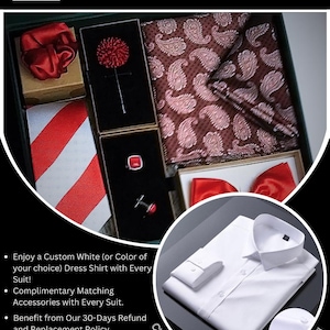 May include: A gift set featuring a white dress shirt and accessories. The box includes a red bow tie, a red tie, a red lapel pin, cufflinks, and a paisley pocket square. Text reads "THE MENISTA ADVANTAGE!" and "CUSTOM TAILORED WHITE SHIRT FOR FREE!"