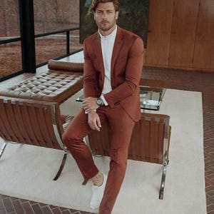 Rust Two-Piece Suit, Men's Wedding Groom Wear, Blended Fabric