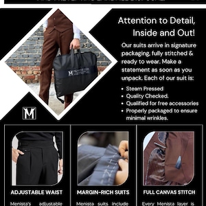 Puede incluir: Una chaqueta de traje marr&oacute;n con un chaleco marr&oacute;n y pantalones marrones. El traje est&aacute; siendo sostenido por una persona. El texto "WHY SHOP FROM MENISTA?" est&aacute; en la parte superior de la imagen. El texto "WE PRODUCE ONLY ON ORDER, MINIMIZING WASTE AND PREVENTING LANDFILL DISPOSAL." est&aacute; debajo de la primera l&iacute;nea de texto. El texto "Attention to Detail, Inside and Out!" est&aacute; en un cuadro en la esquina superior derecha de la imagen. El texto "Our suits arrive in signature packaging, fully stitched & ready to wear. Make a statement as soon as you unpack. Each of our suit is: &bull; Steam Pressed &bull; Quality Checked. &bull; Qualified for free accessories &bull; Properly packaged to ensure minimal wrinkles." est&aacute; debajo del texto "Attention to Detail, Inside and Out!" El texto "ADJUSTABLE WAIST" est&aacute; en un cuadro en la esquina inferior izquierda de la imagen. El texto "Menista's adjustable trousers adapt to your body for a perfect all-day fit." est&aacute; debajo del texto "ADJUSTABLE WAIST". El texto "MARGIN-RICH SUITS" est&aacute; en un cuadro en la parte inferior central de la imagen. El texto "Menista suits include extra fabric inside for easy future alterations." est&aacute; debajo del texto "MARGIN-RICH SUITS". El texto "FULL CANVAS STITCH" est&aacute; en un cuadro en la esquina inferior derecha de la imagen. El texto "Every Menista layer is hand-stitched for a fit that perfects over time." est&aacute; debajo del texto "FULL CANVAS STITCH".