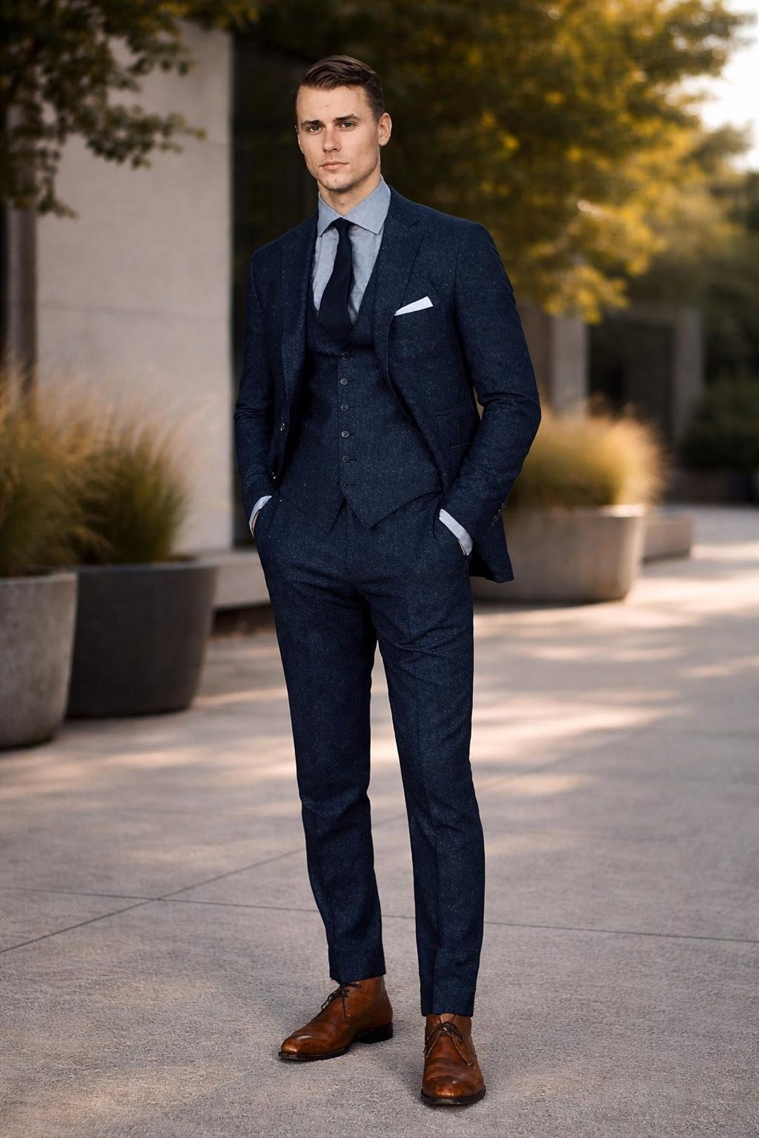 Menista Custom Slim Fit Navy Three Piece Suit: Bespoke Groom Wear