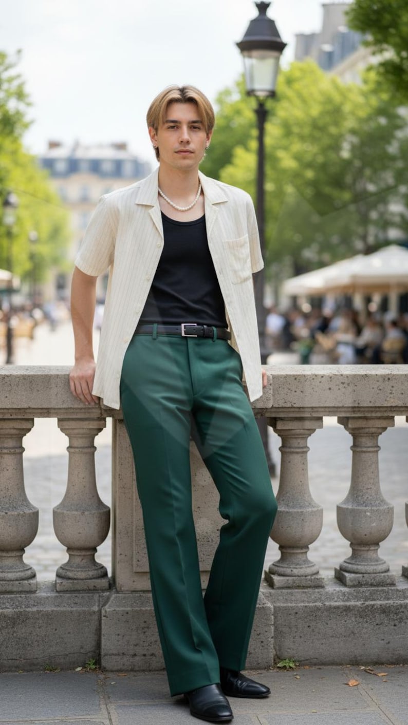 Pantalones blancos de campana para hombre: corte formal a medida. Rayon Forest Green