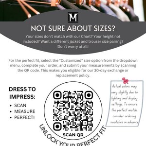 May include: An advertisement with the text "NOT SURE ABOUT SIZES?" and "DRESS TO IMPRESS". It includes a QR code for scanning and a note about a 30-day exchange policy. The background shows suits hanging on a rack.