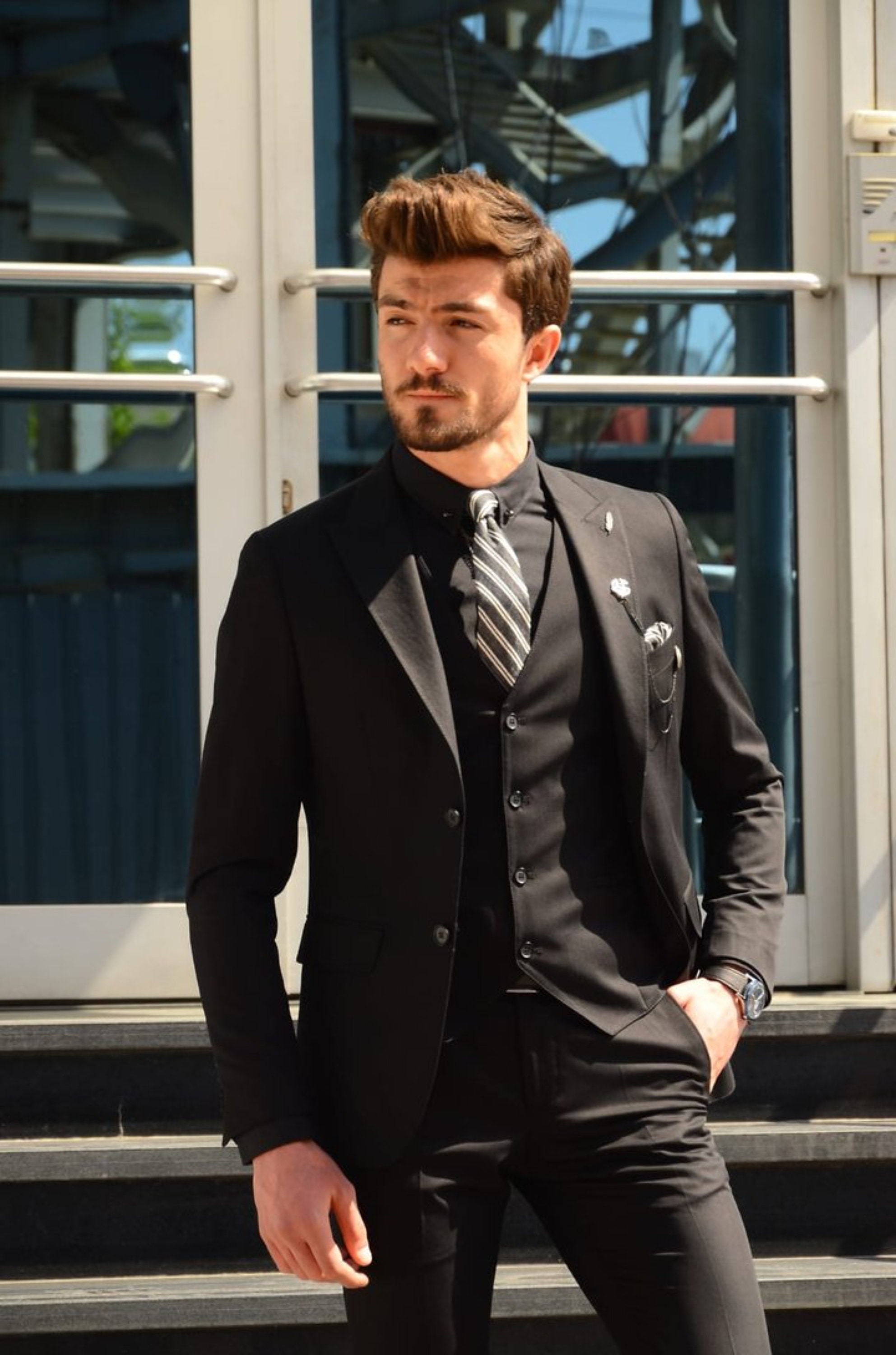 Menista Suit Premium Three Piece Black Mens Suit for Wedding