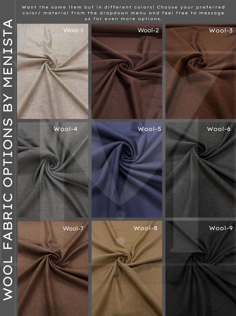 Puede incluir: Nueve muestras de tela en diferentes colores y texturas, etiquetadas de Wool-1 a Wool-9. Las muestras est&aacute;n dispuestas en una cuadr&iacute;cula de tres filas y tres columnas.