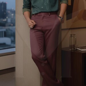 Skräddarsydda byxor med knappar: Herrbyxor med smal passform och utsvängda byxor Rayon Mauve Burgundy