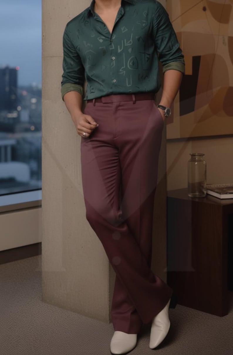 Skräddarsydda byxor med knappar: Herrbyxor med smal passform och utsvängda byxor Rayon Mauve Burgundy