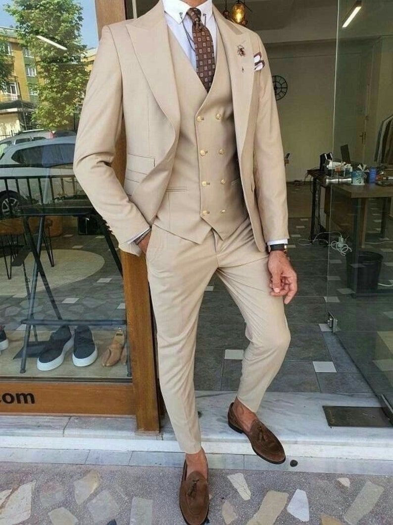 鍔 Aanbod afdeling Menista-pak Elegant driedelig beige herenpak voor bruiloft - Etsy Nederland