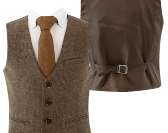 Menista Men&#39;s Vintage Herringbone Brown Waistcoat with Adjustable Back Belt and V Shape Style