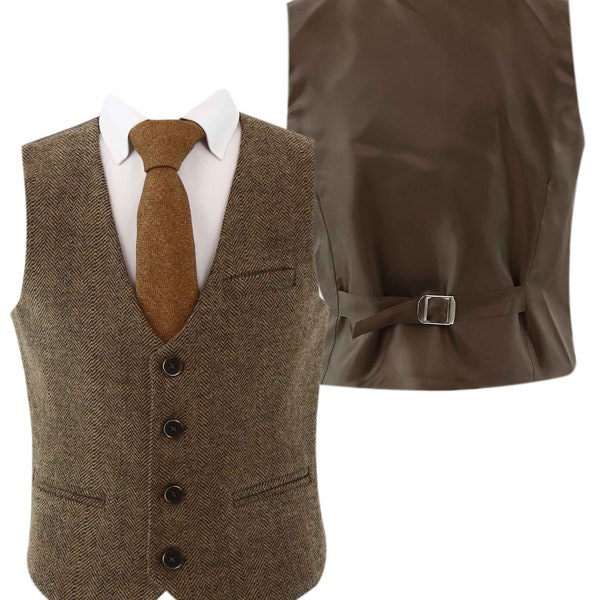 Menista Men's Vintage Herringbone Brown Waistcoat with Adjustable Back Belt and V Shape Style