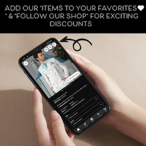 May include: A mobile phone screen showing a product listing for a white men's suit jacket. The product is titled "45% off this article" and is priced at $170.50. The product description reads "Manistee Custom Suit Premium Three Piece White Beige..." and has a 4.5 star rating. The product is available in sizes 38 to 46.