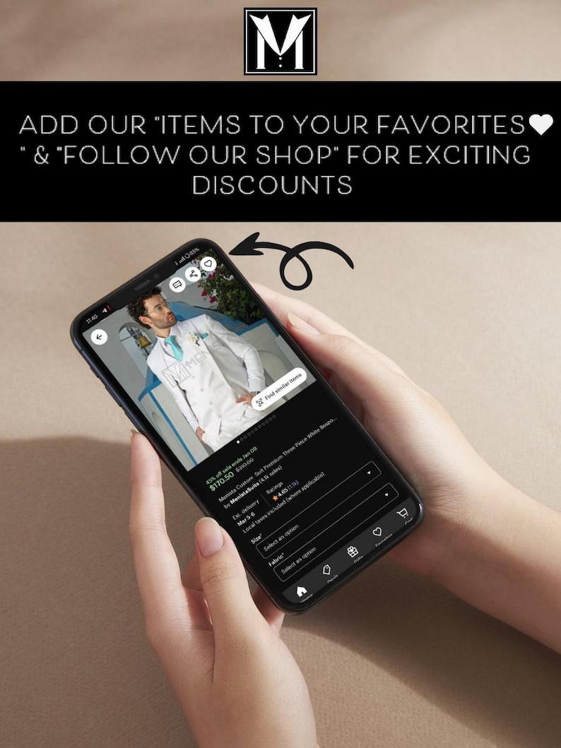 May include: A mobile phone screen showing a product listing for a white men's suit jacket. The product is titled "45% off this article" and is priced at $170.50. The product description reads "Manistee Custom Suit Premium Three Piece White Beige..." and has a 4.5 star rating. The product is available in sizes 38 to 46.