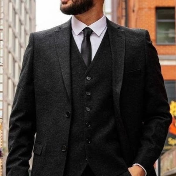 Menista Men Tweed Wolle Dreiteiler Vintage Style Schwarzer Herrenanzug für Hochzeit, Winter, Bräutigam tragen und GroomsMen Suit Slim Fits