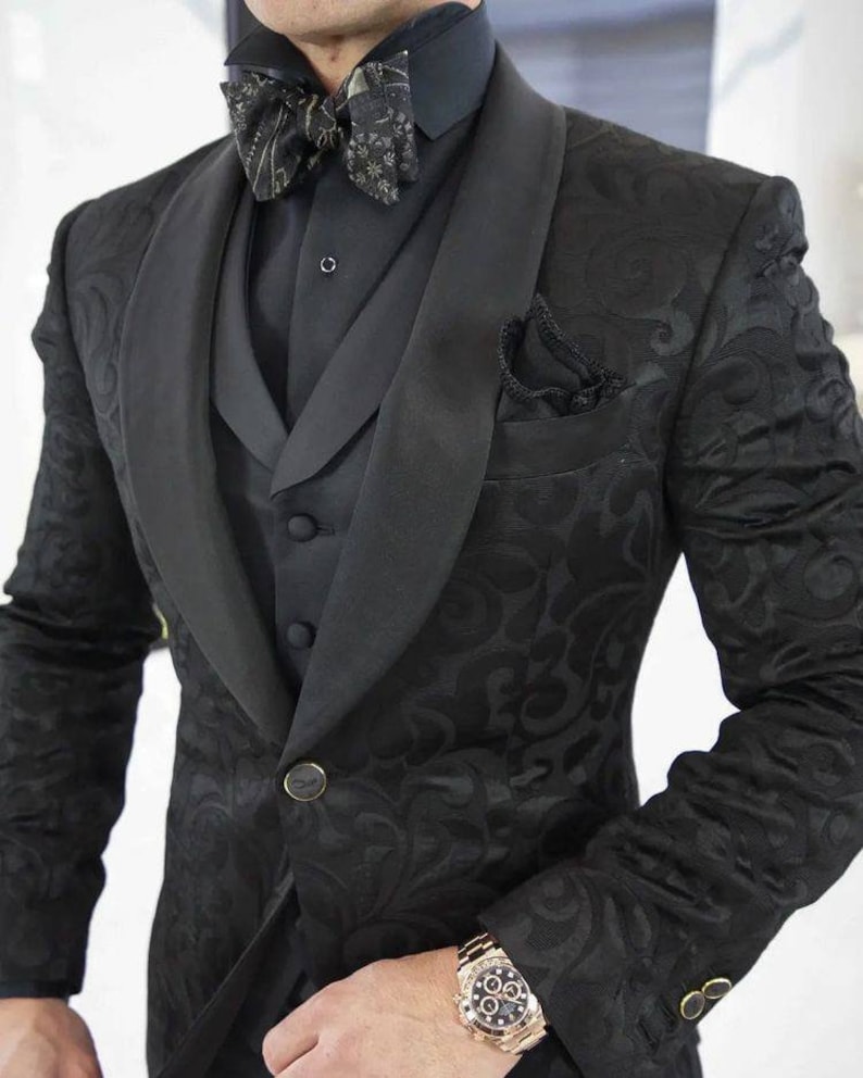 Black Jacquard Tuxedo Suit: 3-Piece Wedding wear