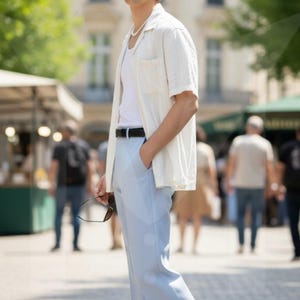 Pantalones blancos de campana para hombre: corte formal a medida. Rayon Ice Blue