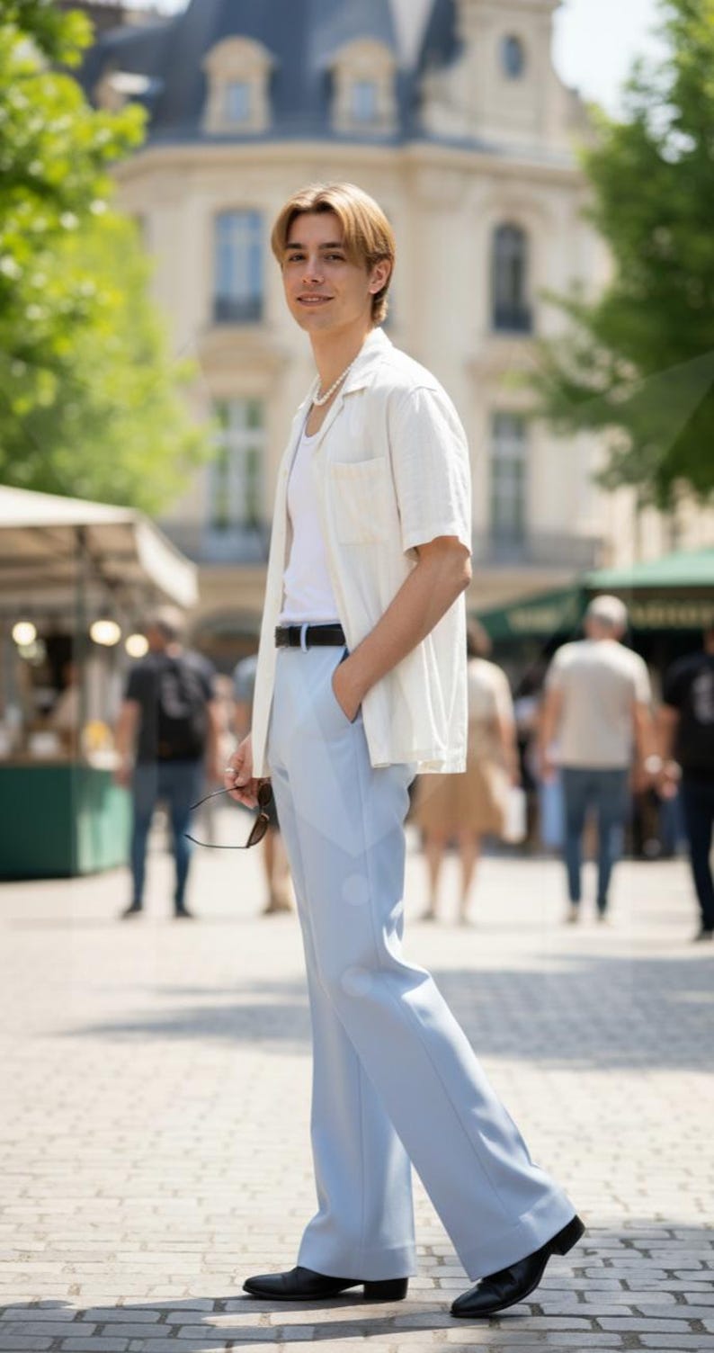 Pantalones blancos de campana para hombre: corte formal a medida. Rayon Ice Blue