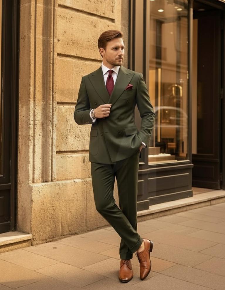 ブラウンのダブルブレストスーツ：上品なツーピースのメンズ