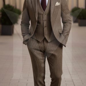 Herringbone Tweed Wool Three-Piece Suit: Vintage Style Grey Mens Formal Wear image 5