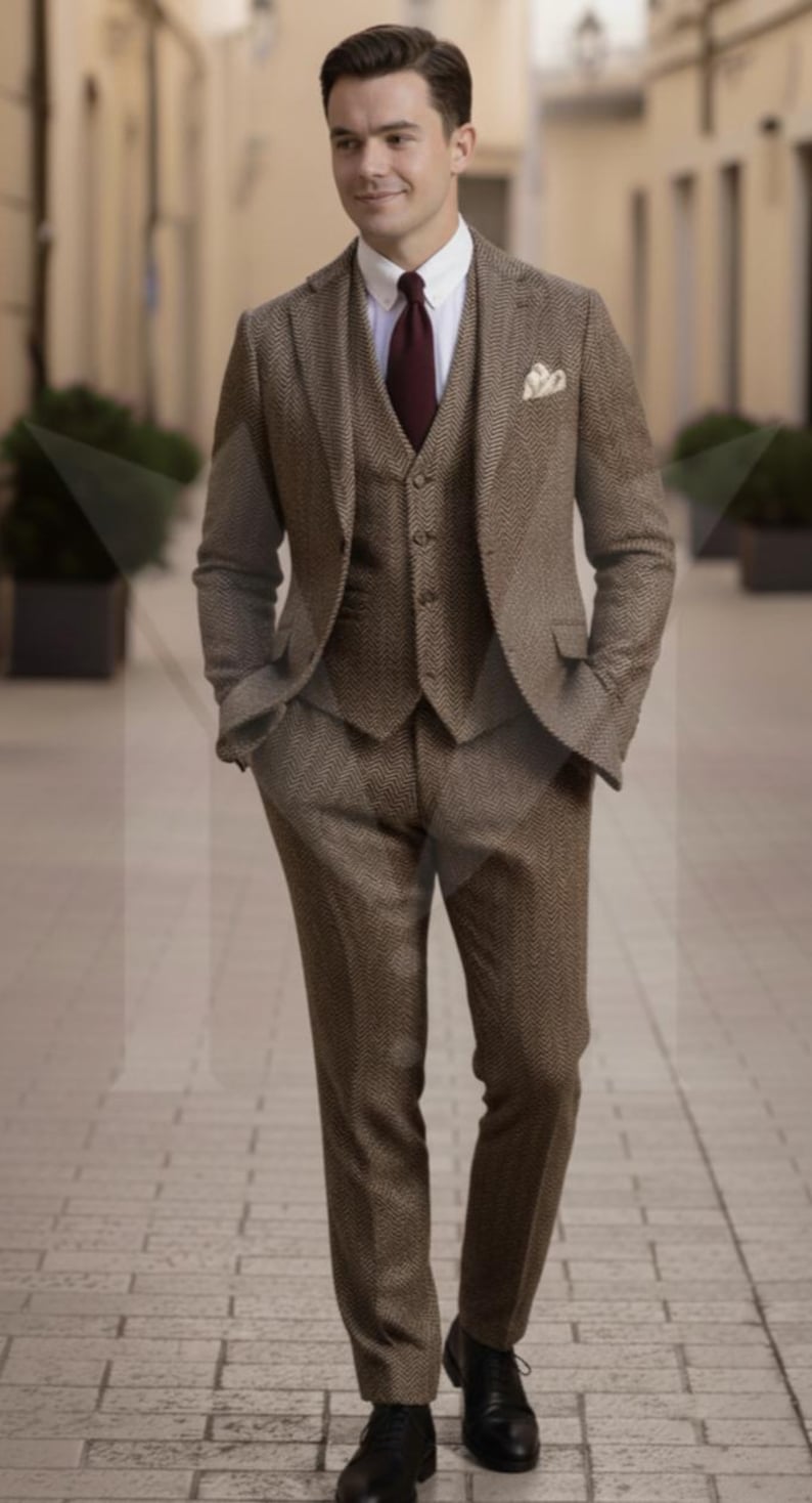 Herringbone Tweed Wool Three-Piece Suit: Vintage Style Grey Mens Formal Wear image 5
