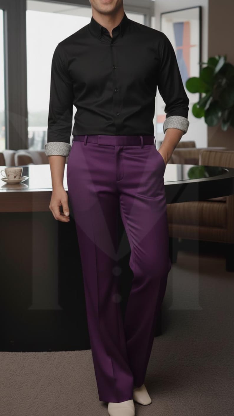 Skräddarsydda byxor med knappar: Herrbyxor med smal passform och utsvängda byxor Rayon Purple