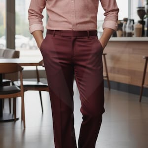 Skräddarsydda byxor med knappar: Herrbyxor med smal passform och utsvängda byxor Rayon Oxblood