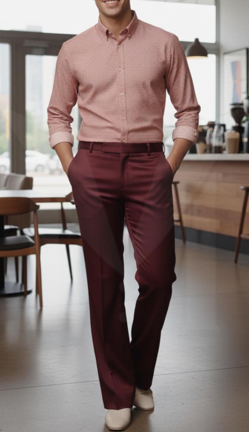 Skräddarsydda byxor med knappar: Herrbyxor med smal passform och utsvängda byxor Rayon Oxblood
