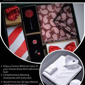 May include: A white dress shirt with a red bow tie, a red pocket square, a red and white striped tie, a red paisley pocket square, and a pair of cufflinks. The text "CUSTOM TAILORED WHITE SHIRT FOR FREE!" is on the bottom right corner of the image.