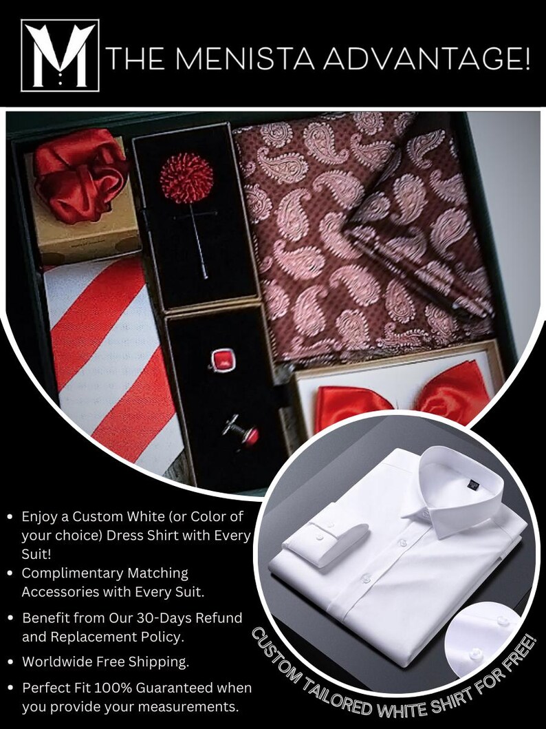 Puede incluir: Una camisa blanca con una corbata de mo&ntilde;o roja, un pa&ntilde;uelo de bolsillo rojo, una corbata a rayas rojas y blancas, un pa&ntilde;uelo de bolsillo rojo con estampado paisley y un par de gemelos. El texto "CUSTOM TAILORED WHITE SHIRT FOR FREE!" est&aacute; en la esquina inferior derecha de la imagen.
