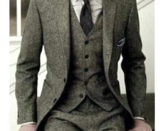 Menista Tweed Wool Three Piece Suit: Vintage Style Grey Groom Wear