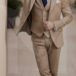 Herringbone Tweed Wool Three-Piece Suit: Vintage Style Grey Mens Formal Wear image 3