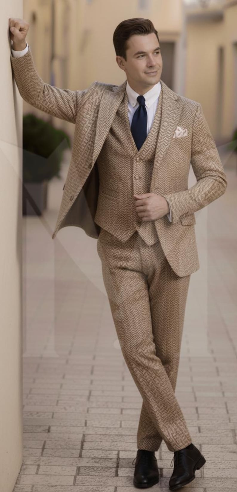 Herringbone Tweed Wool Three-Piece Suit: Vintage Style Grey Mens Formal Wear image 3