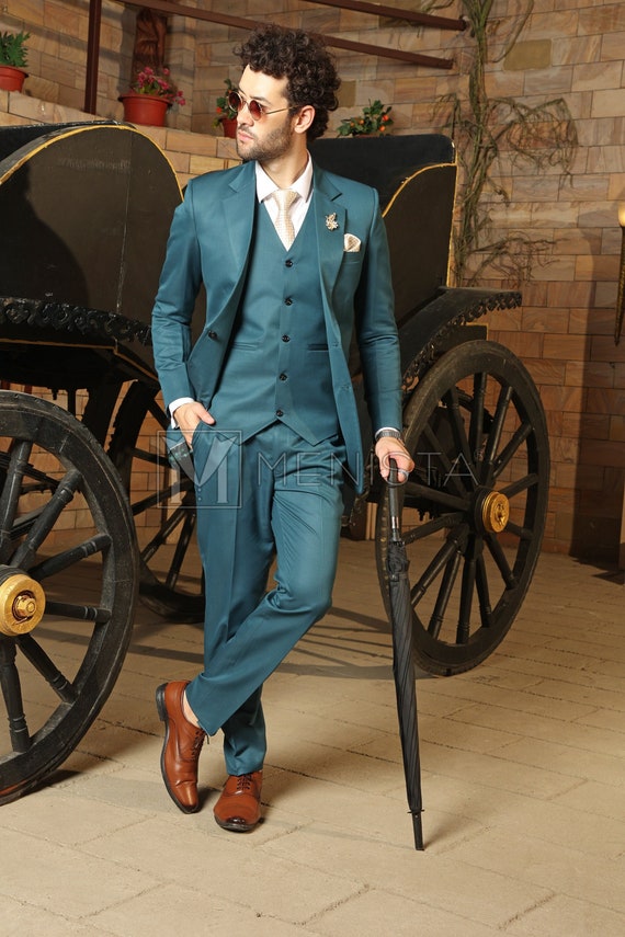 Teal Slim Fit Suit: Elegant Three Piece Mens Suit