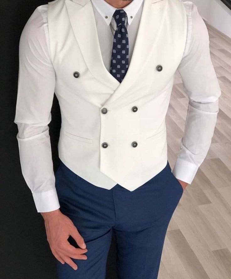 Custom White Double Breasted Waistcoat: V-Shape Groom Vest