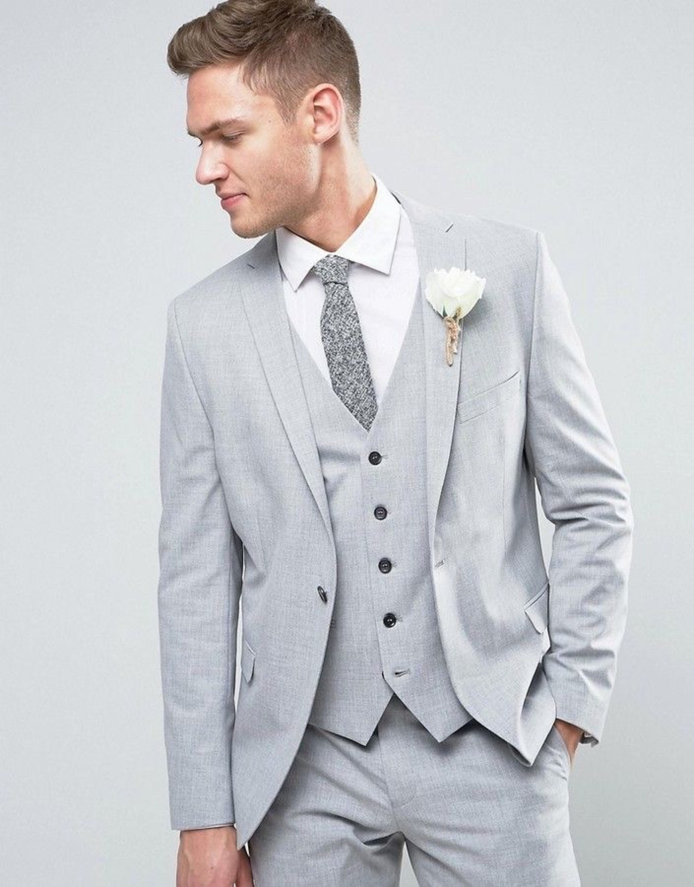 Men's Grey 2 Piece Business Suit Slim Fit Double Breasted Dinner