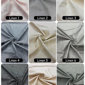 May include: Nine linen fabric swatches in shades of pink, grey, and beige. Each swatch is labelled "Linen" followed by a number from 1 to 9. The fabric is arranged in a swirl, highlighting its texture and the range of colours.