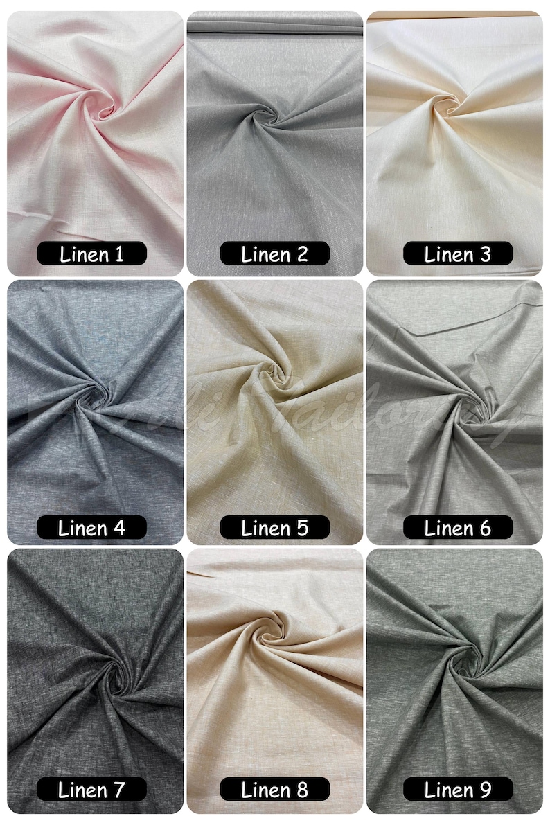 May include: Nine linen fabric swatches in shades of pink, grey, and beige. Each swatch is labelled "Linen" followed by a number from 1 to 9. The fabric is arranged in a swirl, highlighting its texture and the range of colours.