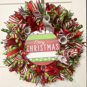 Red Green White Striped Glitter Polka Dot Bright Christmas Decomesh Door Hanger Wreath